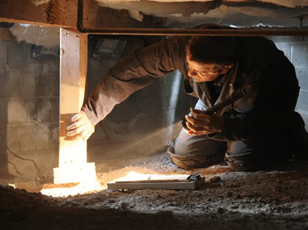 A professional inspecting wooden beams under the floor of a structure in Hialeah, FL