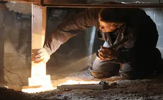 A professional inspecting wooden beams under the floor of a structure in Hialeah, FL